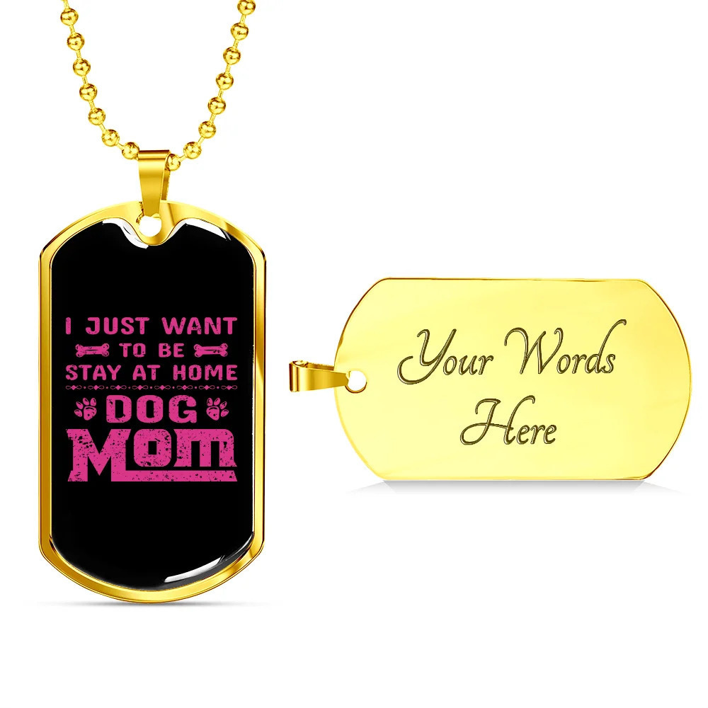 Just Dog Mom Pink Personalized Engraved Gold Dog Tag Necklace Custom Name Date